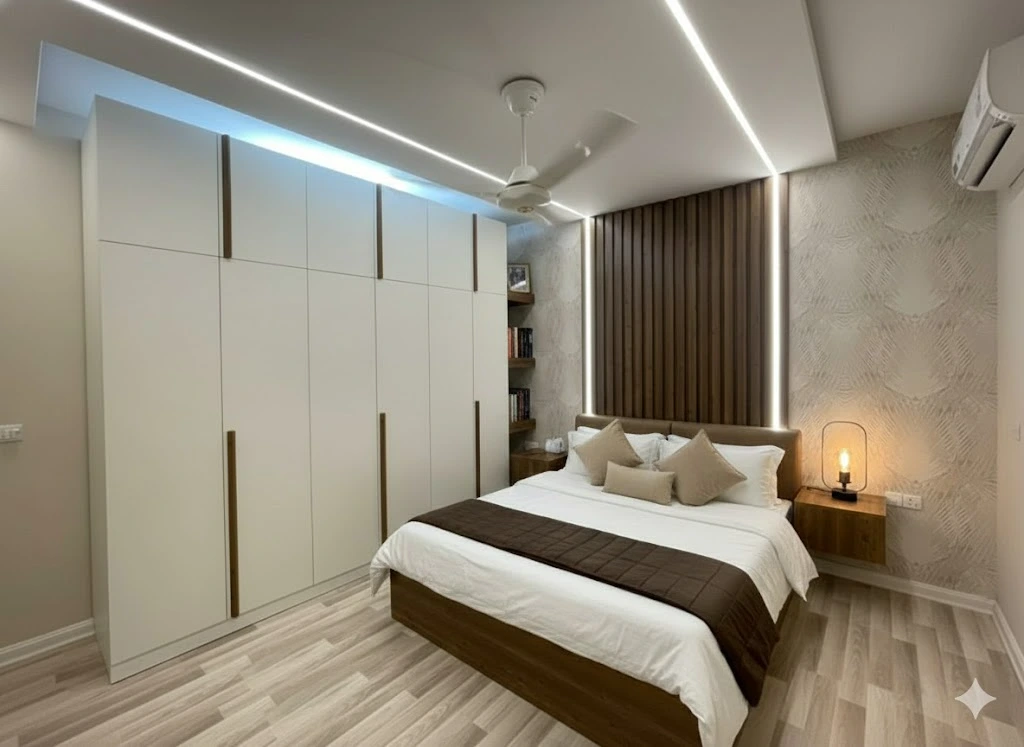 غرفة نوم مودرن بتصميم خشبي وألوان هادئة